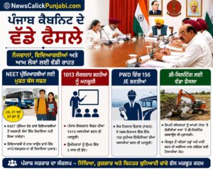 ਪੰਜਾਬ ਕੈਬਨਿਟ ਦੇ ਵੱਡੇ ਫੈਸਲੇ: NEET ਪ੍ਰੀਖਿਆਰਥੀਆਂ ਲਈ ਮੁਫ਼ਤ ਬੱਸ ਸਫ਼ਰ, 1013 ਲੈਕਚਰਾਰ ਅਤੇ 156 JE ਭਰਤੀਆਂ ਨੂੰ ਮਨਜ਼ੂਰੀ